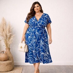 DKNY Faux Wrap Dress Midi Plus Size 22W Blue White Botanical Flutter Sleeve EUC